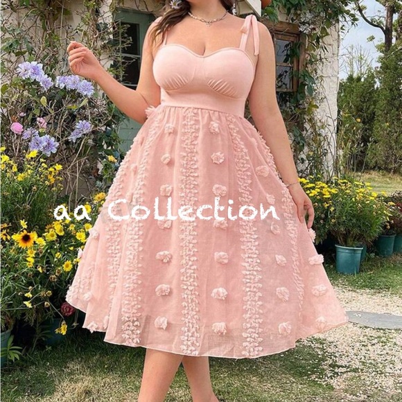 Dresses & Skirts - Elegant Plus Size Floral Pom pom Appliques Sweetheart Neck Cami Dress Dusty Pink